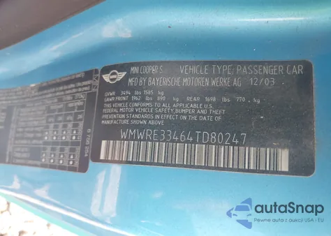 2004 Mini Cooper S из США, поврежденный, VIN WMWRE33464TD80247